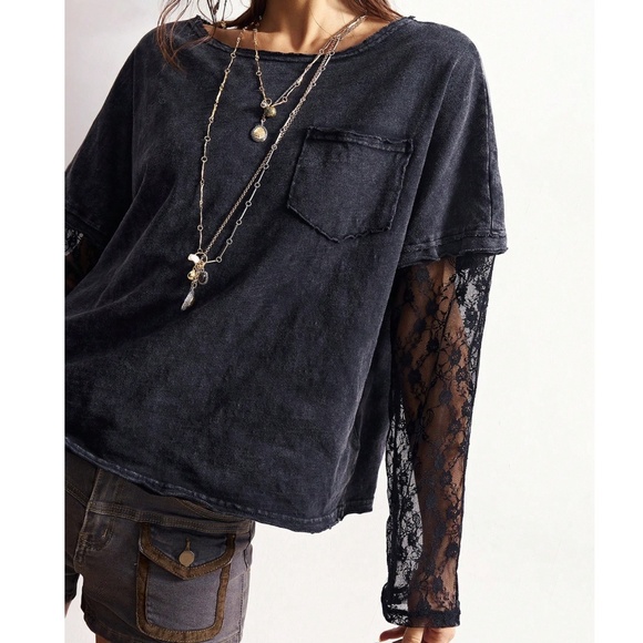 Women's Black Lace-Sleeve Long Sleeve Tee - Picture 2 of 6